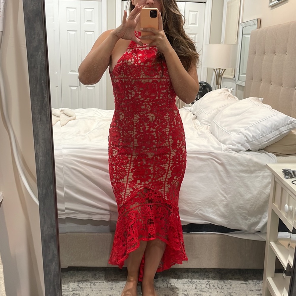 Jarlo Red Lace Midi Mermaid Dress